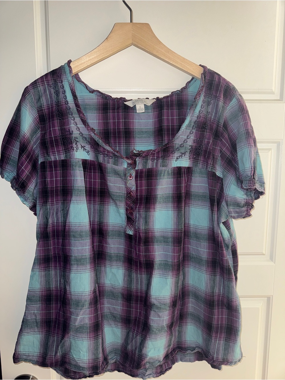 Great Northwest Clothing Company Purple and Teal Plaid Peasant Blouse